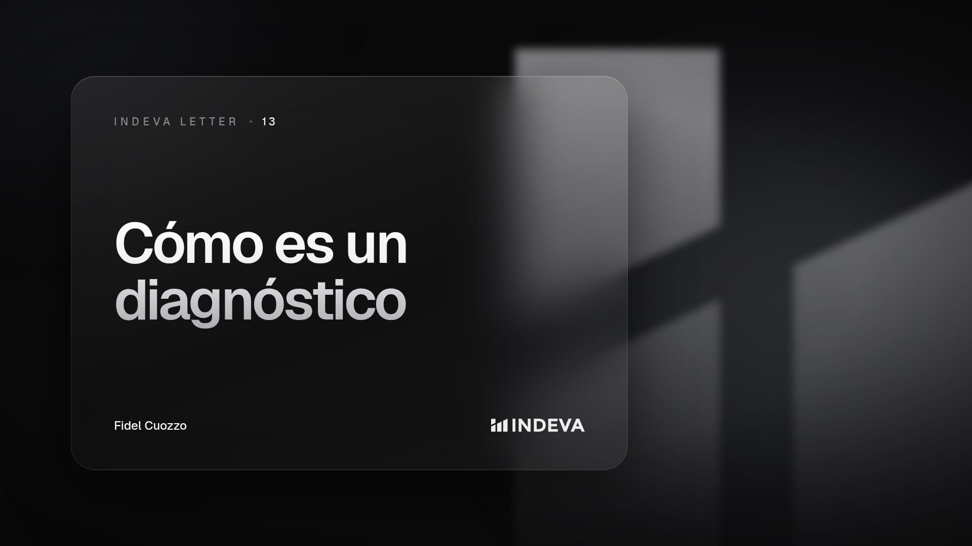 Portada de la edición 13 de Indeva Letter con el título «Cómo es un diagnóstico», firmada por Fidel Cuozzo, sobre fondo oscuro con barras de luz ascendentes.